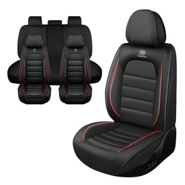 Imagem de Iceleather Capas de assento de carro adequadas para Kia Soul 2010-2025, capa de assento de couro PU macio respirável impermeável com bolsos de armazenamento (preto e vermelho, conjunto completo)