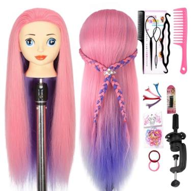 Imagem de Cabeça de manequim com cabelo, cabeça de boneca de fibra sintética longa de 66 cm para treinamento, cabeça de manequim, prática de cosmetologia, penteado, treinamento, trança, com suporte de grampo