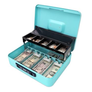 Imagem de Jssmst Caixa de dinheiro com trava de segurança com tampa de moeda, 29 cm C x 24 cm L x 9,5 cm A, cofre para trava com trava de combinação, azul claro