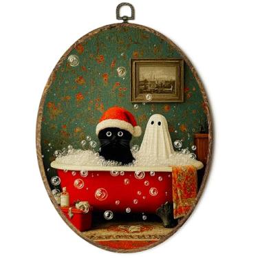 Imagem de Lengues Arte de parede oval de banho de espuma de gato preto de Natal fantasma fantasma assustador de Natal decoração de parede oval de casa de banho, casa de campo de inverno para pendurar em tela