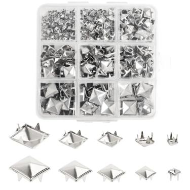 Imagem de SBYURE 300 peças, 5 tamanhos, tachas para roupas, prata, prato, pirâmide, tachas de metal para artesanato de couro, bolsa de cinto, sapatos, pulseira, coleira de cachorro, acessórios DIY