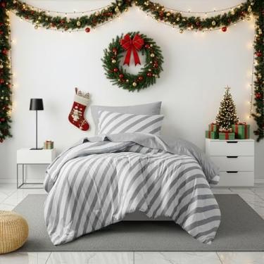 Imagem de Jogo de cama de solteiro listrado reversível em uma bolsa, 5 peças com design de listras de dupla face - jogo de cama quente e aconchegante inclui edredom de solteiro, conjunto de lençóis, fronha e