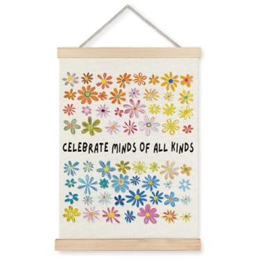 Imagem de Exqcom Decoração de parede de saúde mental, pôster floral de conscientização do autismo, pôsteres Celebrate Minds of All Kinds para sala de aula de consultoria de terapia, 30,5 x 40,6 cm