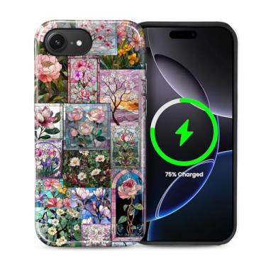 Imagem de casesok Capa para iPhone 16e, compatível com MagSafe, capa rígida de camada dupla + capa de silicone, proteção total à prova de choque para iPhone 16e colagem de vitrais de flores coloridas