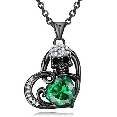 Imagem de GTISKL Colar com pingente de coração feminino pedra do mês de aniversário preto gótico crânio joias presentes para mulheres meninas sua irmã natal dia dos namorados amigos, Preto, dourado, Zircão