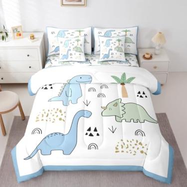 Imagem de Jogo de cama casal de dinossauro fofo, desenho animado de dinossauro, dinossauro, edredom com edredom, fronhas, fronhas, lençol de cima, lençol com elástico, estampa de pintura à mão em aquarela para