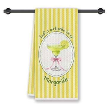 Imagem de CosxHabitat Margarita Gifts Toalha de prato de cozinha, presentes para amantes de coquetéis Margarita, laço rosa coquetel amarelo listrado toalhas de chá de mão decorativas para carrinho de bar de
