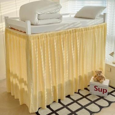 Imagem de Saia para cama de dormitório xadrez amarelo com babados, solteiro, GG, 91 cm, caimento extra longo, elástico, babados, lavável na máquina, para dormitório universitário