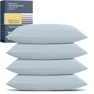 Imagem de THREAD SPREAD Capas de travesseiro 100% algodão egípcio king size pacote com 2 - capas de travesseiro de cetim azul claro de luxo 1500 fios, macias e respiráveis, capas de almofada extra longas para