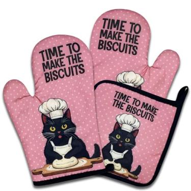 Imagem de NAHMAKNE Conjunto de 3 luvas de forno e suportes de panela para gatos pretos engraçados, hora de fazer os biscoitos, luvas de cozinha antiderrapantes resistentes ao calor, presentes de panificação