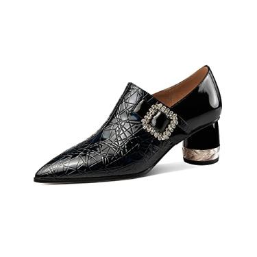 Imagem de TinaCus Sapato feminino de couro envernizado de bico fino com zíper e fivela salto cone médio, Preto, 34