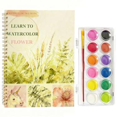 Imagem de Livro de exercícios em aquarela, 12 cores de tinta para livros de aquarela, livros de aquarela para iniciantes com pincel de pintura