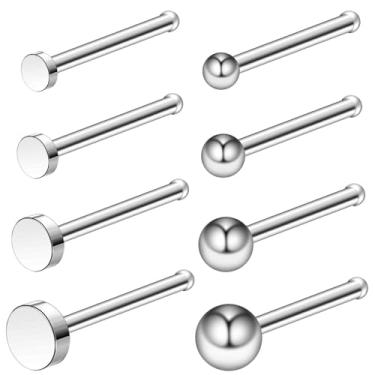 Imagem de Ruifan ASTM F136 Anéis de nariz de titânio 18G 20G 22G piercing de nariz parafuso em forma de L joia para mulheres homens bola e plano 1,5 mm 2 mm 2,5 mm 3 mm 8 peças, 20G(0.8mm), Metal, Sem Pedra