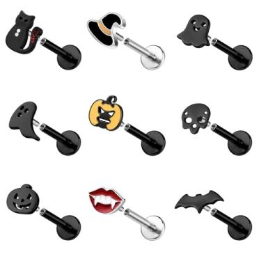 Imagem de ZS 9 anéis labiais roscados internamente, piercing labial labret de aço inoxidável 16G, caveira fantasma de morcego de Halloween, medusa Monroe, piercing de piercing de concha com costas planas