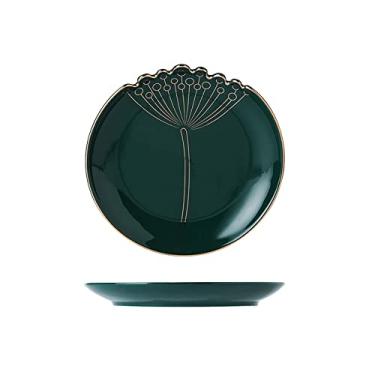 Imagem de Série de dente de leão com design de relevo de 19 cm com borda dourada para salada/massa/frutas/aperitivos/pratos de sobremesa, pratos de jantar de Natal, conjunto de 2 pratos de jantar verde/cinza