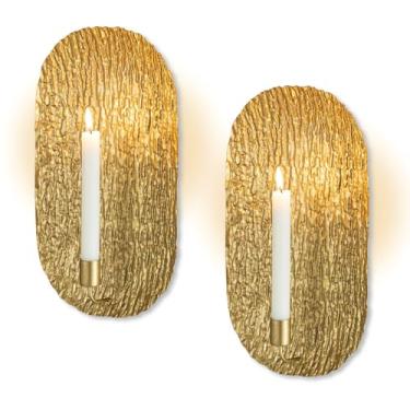 Imagem de Sziqiqi Castiçais de parede dourados: Conjunto de 2 arandelas de vela vintage como decoração de arte de parede - Castiçais de metal montados na parede para sala de estar, quarto, banheiro, lareira