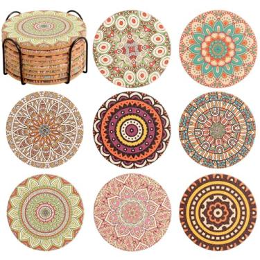 Imagem de Conjunto de 8 porta-copos de Natal, porta-copos de cortiça para bebidas, porta-copos fofos com suporte, porta-copos coloridos para decoração de Natal de apartamento, casa, bar, para amigos (Mandala 9)