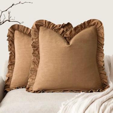 Imagem de Foindtower Conjunto de 2 capas de almofada decorativas com franja e babado macio boho fazenda capa de almofada aconchegante retrô para sofá, cama, sala de estar, decoração de casa, 56 x 55 cm, laranja