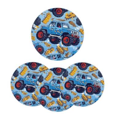 Imagem de Jogo americano redondo trançado de 32 cm, conjunto de 6 tapetes laváveis com palavras de caminhão monstro circular, resistente ao calor, para cozinha, mesa de jantar, festa de casamento, decoração de