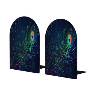 Imagem de Penas azuis pavão grande suporte de livros de madeira decorativo antiderrapante resistente terminais de livros para escritório mesa de escritório em casa biblioteca escola estudo decoração divisórias