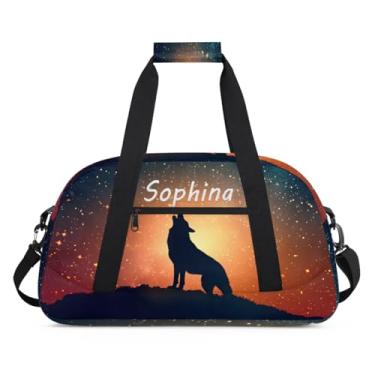 Imagem de Bolsa esportiva personalizada, animal, lobo, galáxia, universo com nome, bolsa de dormir personalizada, bolsa de fim de semana, bolsa de treino para dança, balé, academia, ginástica, mala, viagem