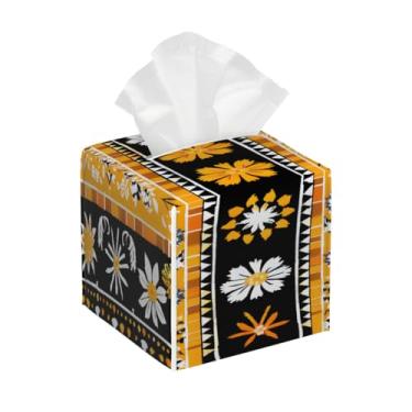 Imagem de Porta-lenços de papel quadrado de couro à prova d'água étnico asteca flor facial organizador de papel com cinto inferior cubo estojo de lenços para mesa, banheiro, escritório, mesa, carro, decorativo