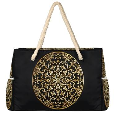 Imagem de hongjinglin Bolsa de praia grande, leve, dobrável, mandala, amarela, étnica, para piscina, bolsa de ombro, Cor 6, Large
