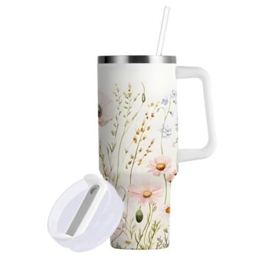 Imagem de Blueangle Copo floral de 850 g de ervas e flores silvestres com alça e tampa de palha, copo isolado reutilizável de aço inoxidável garrafa de água caneca de viagem (120)