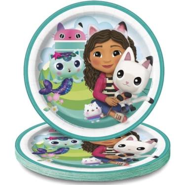 Imagem de Unique Pratos de sobremesa de papel redondos Gabby's White & Blue Gabby's - 18 cm (pacote com 8) - Design divertido de personagem, ideal para festas de aniversário infantis e celebrações temáticas
