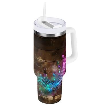 Imagem de xigua Music Notes Copo de 1,134 g com tampa e canudo, aço inoxidável de vácuo duplo isolado garrafa de água esportiva suporte para copo de café de viagem à prova de vazamento para bebida gelada