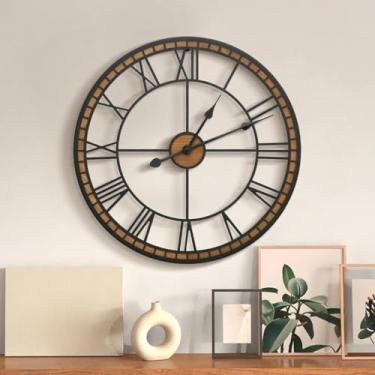Imagem de Micasso Relógio de parede grande sem tique-taque: 61 cm moderno metal preto com moldura de madeira maciça relógio silencioso para sala de estar/quarto/cozinha - decoração de casa para consciência da
