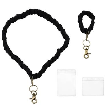 Imagem de Yitexin Cordão preto Scrunchie para professor com crachás de identificação e chaveiro, cordão elástico retrátil fofo (preto)