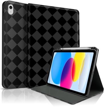 Imagem de Lyfatz Capa para iPad 11th (A16) 27.9 cm 2025/10ª geração 10.9 cm 2022, linda série xadrez losango, elegante, design de estética, capa protetora com porta-lápis antiderrapante à prova de choque, preta
