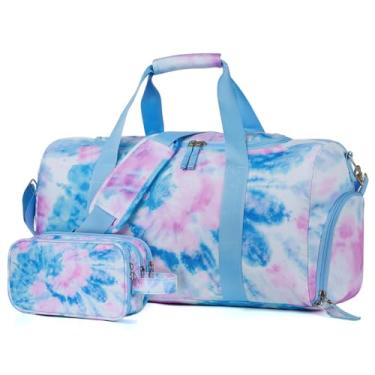 Imagem de Vipdeal Bolsa infantil para viagem, bolsas grandes de fim de semana com bolsa de higiene infantil com compartimento para sapatos de mão, Tie Dye azul, Bolsa infantil com conjunto de bolsa de higiene
