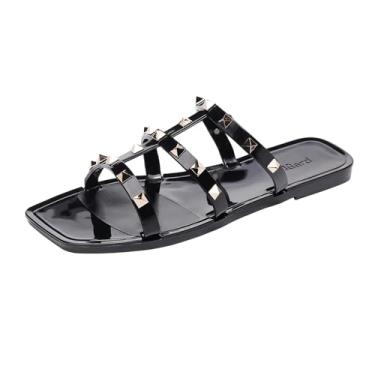 Imagem de OMGard Sandálias rasteiras femininas, sapatos cravejados de gelatina tamanho 9 vermelho elegante verão praia rebites tiras geleias deslizantes nos dedos abertos, Bico quadrado preto, 38