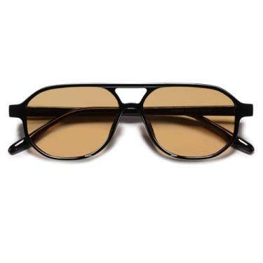 Imagem de VANLINKER Óculos de sol aviador retrô anos 70 para mulheres e homens, clássico, quadrado, vintage, moderno, hexagonal, 2025 UV400 VL9870, Armação preta C2/Lente marrom claro, middle