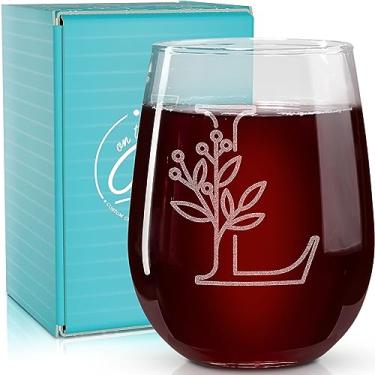Imagem de On The Rox Drinks Presentes com monograma para mulheres e homens - Letra A-Z com monograma gravado com inicial taça de vinho sem haste - presentes de vinho personalizados de 500 ml para mulheres e