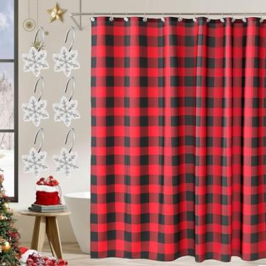 Imagem de Peryiter Cortina de chuveiro de Natal para decoração de banheiro, xadrez vermelho de Natal, inverno, ano novo, cortina de chuveiro, tecido impermeável para banheiro, banheira com 12 ganchos, 182 x 182