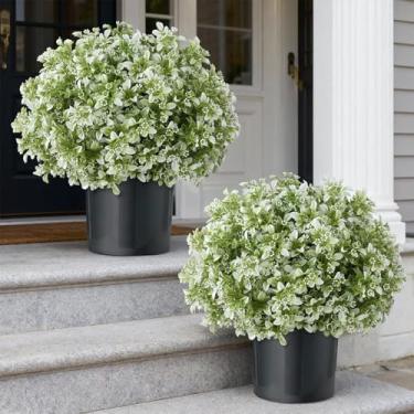 Imagem de Conjunto de 2 árvores de bola de topiária de buxo artificial para porta da frente – Arbusto realista de Aglaia Odorata com vaso, plantas em vasos de folhas de eucalipto falsas para decoração externa