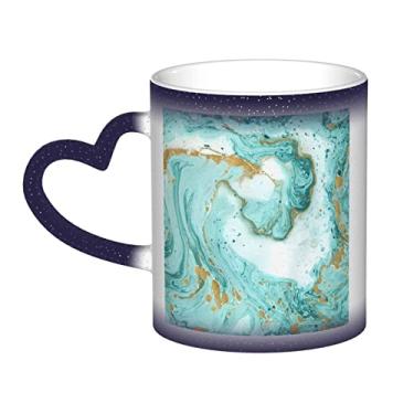 Imagem de Xícara de café divertida em mármore azul-petróleo e dourado, copo de cerâmica que muda de cor sensível ao calor 12 Oz, para café/chá/leite/cacau, para adolescente/aniversário/festival/presentes