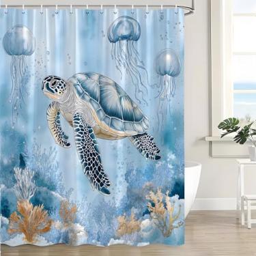Imagem de Cortina de chuveiro tartaruga marinha náutica costeira azul-petróleo oceano praia água-viva subaquática vida marinha decoração de banho cortina com ganchos
