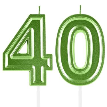 Imagem de Velas de aniversário de 40 anos, numerais verdes, 40 topper de bolo, decoração para meninas, meninos, tema de aniversário, festa de casamento, aniversário de casamento, suprimentos para celebração