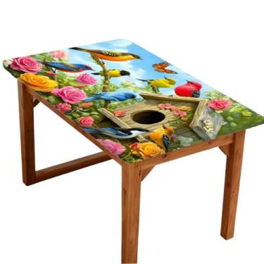 Imagem de oooJHooo Toalha de mesa retangular ajustada com borda elástica para 1,2 m, toalha de mesa floral de flor de pássaro de primavera, à prova de vento, à prova d'água, lavável para jantar, acampamento