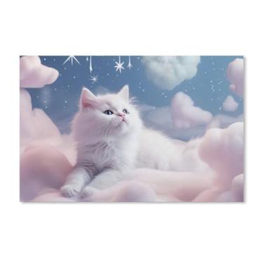 Imagem de HouLaiZhe Pôster de animal bonito gato branco rosa lona estética pôsteres decoração de quarto pintura de parede galeria decoração de parede para quarto sala de estar escritório 11 x 17 polegadas (28 x