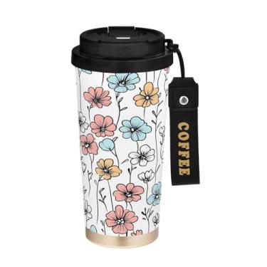 Imagem de YETTASBIN Caneca de café vintage floral com isolamento térmico de 482 g com tampa canudo, copo à prova de derramamento e vazamento com alça para bebida quente e fria, garrafa de água de aço inoxidável