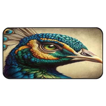 Imagem de Burbuja Tapete de cozinha com cabeça de pavão 51 x 99 cm, tapete lavável antiderrapante com suporte de borracha, tapete para cozinha, sala de estar, banheiro, decoração de casa