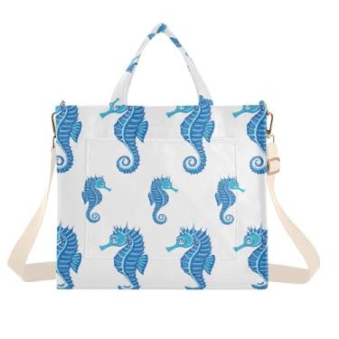 Imagem de Burbuja Sacola feminina Blue Seahorses, bolsa tiracolo de veludo cotelê, bolsa tiracolo para compras, trabalho, viagens, C238, Small
