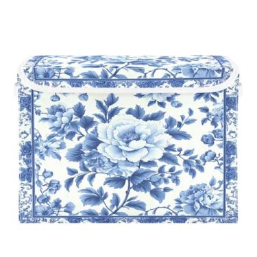 Imagem de CEBUGI Caixas de armazenamento com tampas, caixa de armazenamento de tecido dobrável, caixas organizadoras de cubo de padrão azul e branco para prateleiras de armário de casa e quarto 40 x 30 x 39 cm