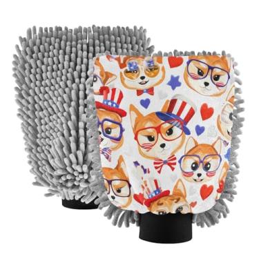 Imagem de STAYTOP Luvas fofas para lavagem de carro Shiba Inu Dia da Independência, 2 peças, luvas de microfibra de chenille, sem arranhões, panos de esponja de lavagem ultra absorventes para carros, limpeza