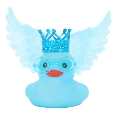 Imagem de FINEED Ornamento de carro de pato de borracha Blue Angel com asa, mini coroa, óculos de sol - Acessório de decoração de painel engraçado para pato de carro, escritório e festa - Inclui almofadas